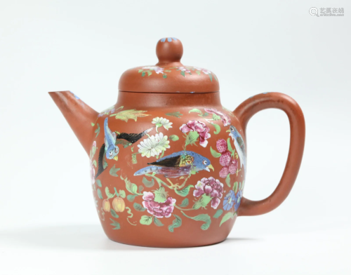 Chinese Mid 19th Century Enameled Yixing Teapot
