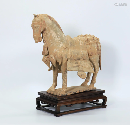 Chinese Buff Clay Pottery Horse & Hard Wood Stand