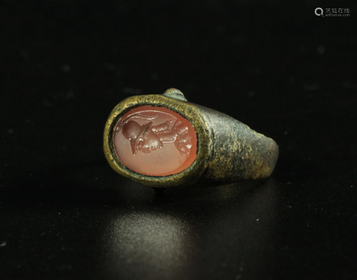 Greco-Roman Carnelian Athena Intaglio Bronze Ring