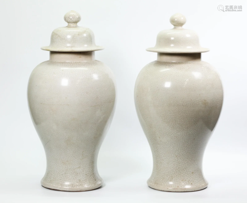Pr Chinese White Crackle Porcelain Temple Jars