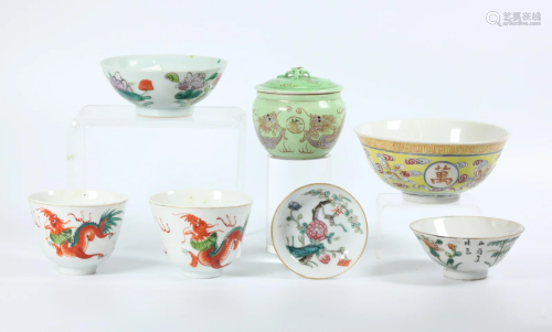 7 Chinese Enameled Porcelains; Pot Bowls Cups