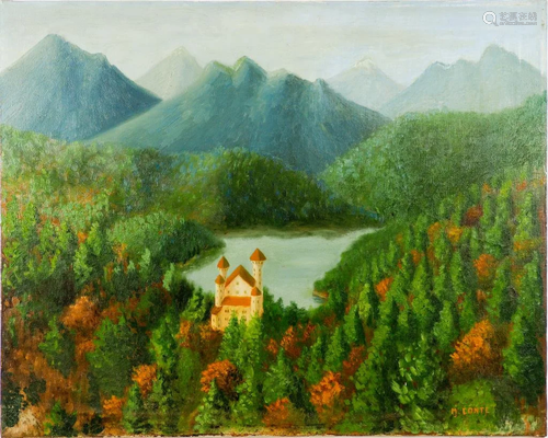 OIL ON CANVA PAINTING OF CASTLE IN THE MOUNTAIN