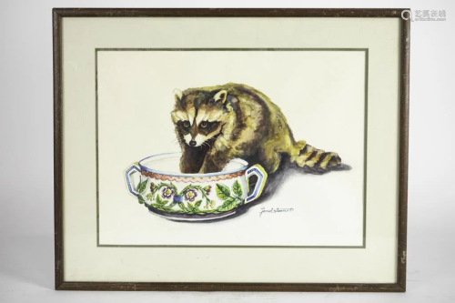 MODERN WATERCOLOR PAINTING ON PAPER OF A RACCOON