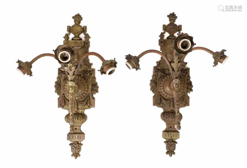 PAIR OF BRONZE THREE-LIGHT WALL SCONCES