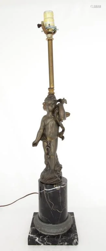 BRONZED CHERUB LAMP ON MARBLE BASE