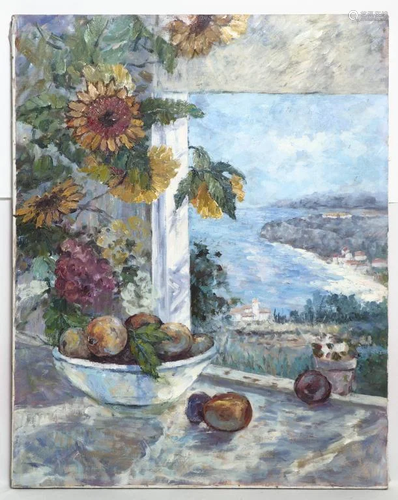 STILL LIFE WITH BEACH VIEW OIL ON CANVAS PAINTING