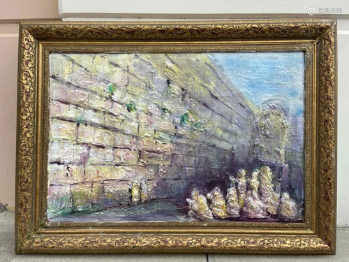 PAINTING OF JEWISH PRAYING AT THE WAILING WALL