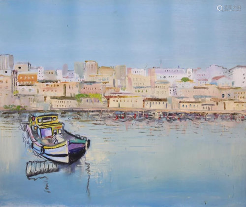 OIL PAINTING ON CANVAS OF A HARBOUR SCENE