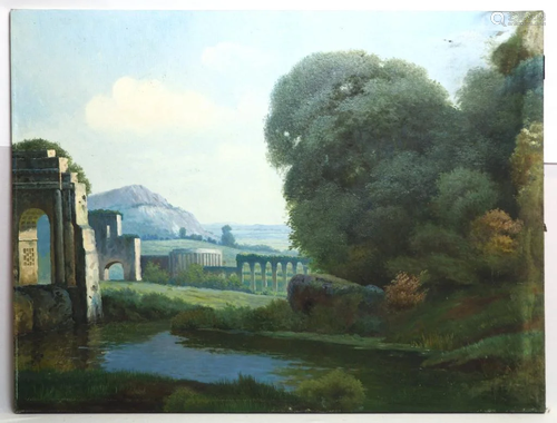 OIL ON CANVAS PAINTING OF RUINS AMONGST GREENERY