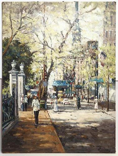 OIL ON CANVAS PAINTING OF A CITY PARK ENTRANCE