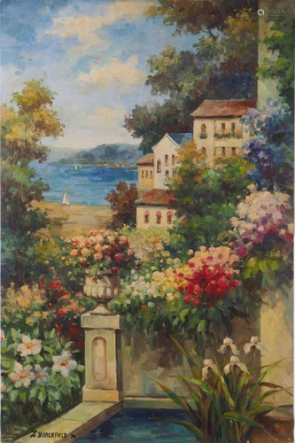 OIL PAINTING ON CANVAS OF EUROPEAN HOUSE GARDEN