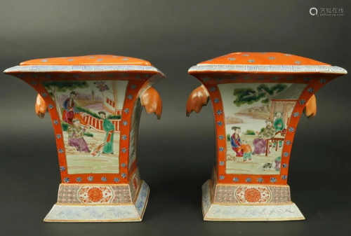 PAIR OF CHINESE MANDARIN SQUARE FLOWER VASES