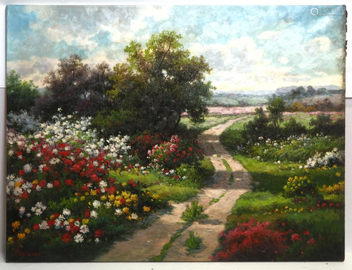 OIL ON CANVAS PAINTING OF A GARDEN WITH DIRT ROAD