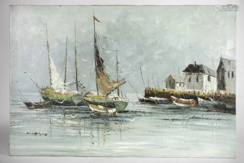OIL ON CANVAS PAINTING OF A COASTAL PORT