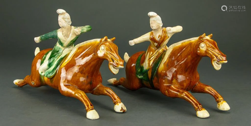 PAIR OF CHINESE SANCAI GLAZED POTTERY EQUESTRIANS