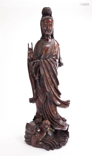 LARGE CHINESE CARVED WOOD STANDING GUANYIN