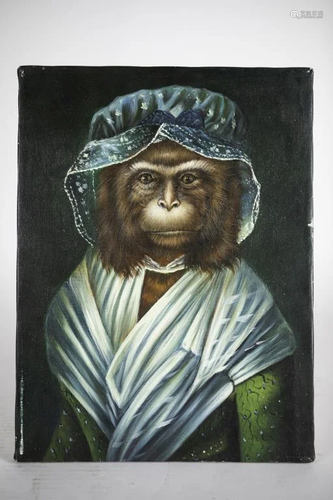 OIL ON CANVAS PAINTING OF A MONKEY IN CLOTHES