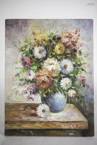 OIL ON CANVAS PAINTING OF POTTED FLOWERS