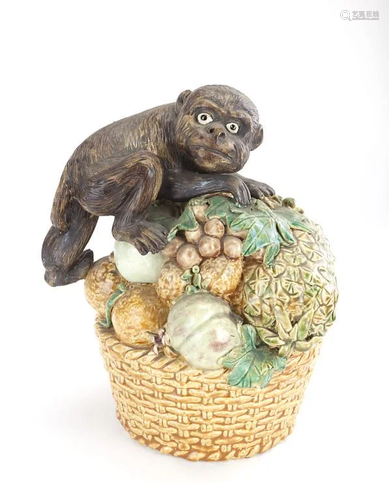 CHINESE MAJOLICA FIGURE OF A MONKEY & FRUIT BASKET