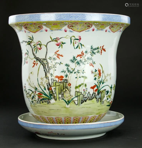 CHINESE FAMILLE ROSE JARDINIERE WITH TRAY