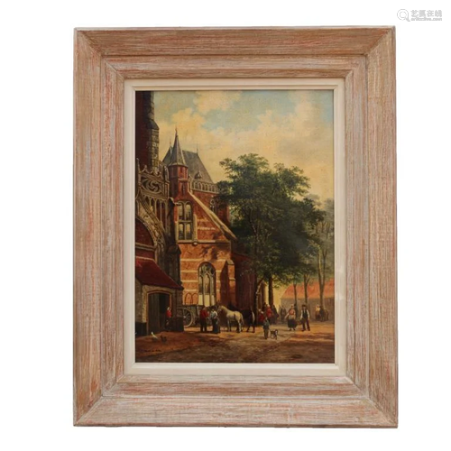 DUTCH OIL ON CANVAS PAINTING OF A VILLAGE SCENE