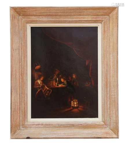 FRAMED OIL ON CANVAS PAINTING OF A FAMILY SCENE