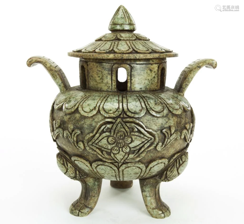 CHINESE CARVED SOAPSTONE TRIPOD CENSER