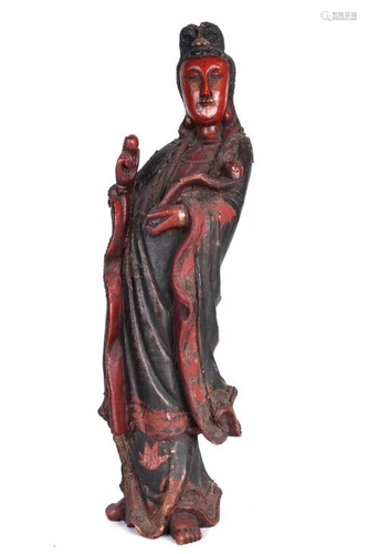 CHINESE CARVED RED LACQUER GUANYIN