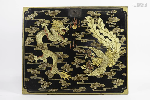 CHINESE LACQUERED PANEL OF A DRAGON AND A PHOENIX