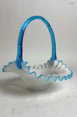 WHITE FOLIATED GLASS BASKET WITH BLUE HANDLE