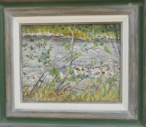 OIL PAINTING ON BOARD OF A RIVERBANK BY LABROSSE