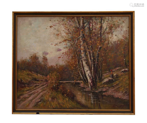 FRAMED OIL ON BROAD PAINTING OF LANDSCAPE