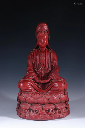 CARVED CINNABAR LACQUER FIGURE OF GUANYIN
