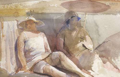 Augustus Lunn (1905-1986), watercolour, Sunbathers, signed a...