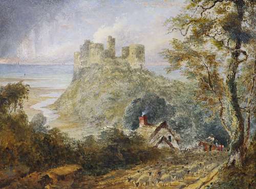 After Nasmyth, oil on canvas, coastal landscape with a castl...