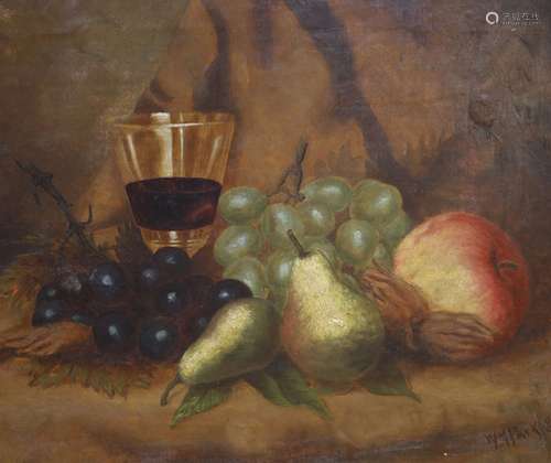 W M Park (19th C), Oil on canvas, still life of fruit and a ...