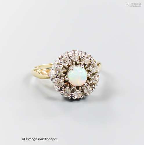 A modern 14k, white opal and illusion set diamond circular c...