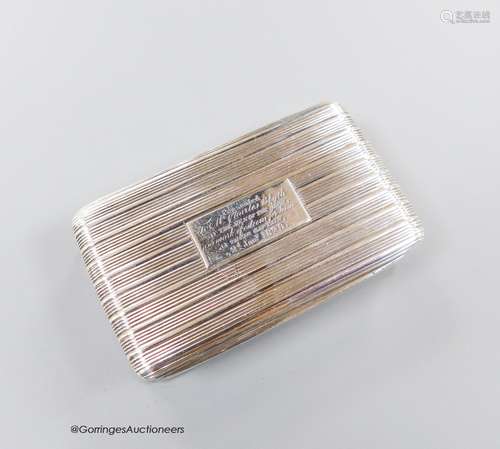 A George IV ribbed silver rectangular snuff box, with engrav...