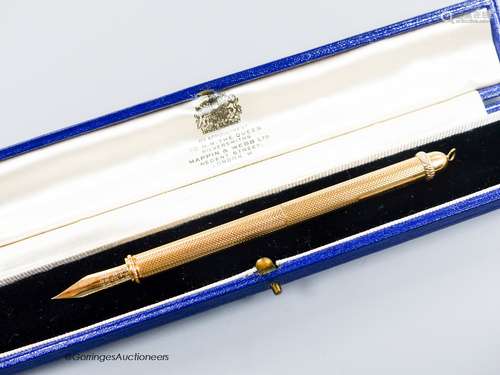 A 1960's engine turned 18k overlaid dip pen, with engraved i...