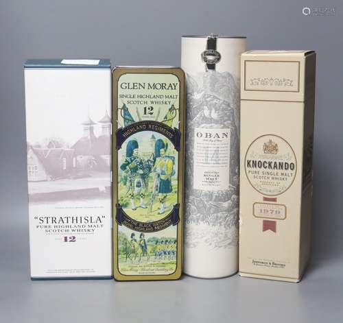 Four assorted malt whiskies- A bottle of Strathisla 12 year ...