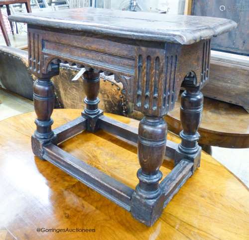 A 17th century style oak joint stool, width 55cm, depth 33cm...