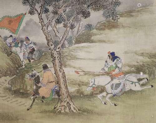 Japanese School, watercolour on silk, soldiers on horseback,...