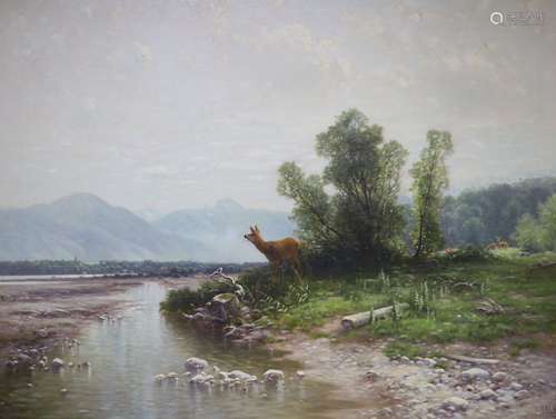 Ludwig Skell (1842-1905), oil on canvas, deer in a landscape...