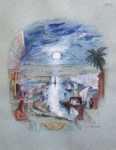 IW after Turner, watercolour, Egyptianesque harbour scene, m...