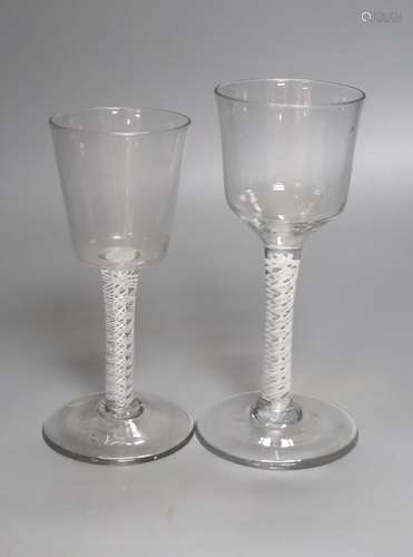 Two 18th century opaque twist stem wine glasses, tallest 17c...