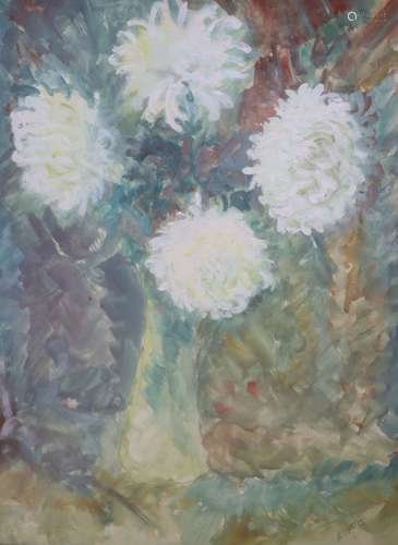 E.P-B, oil and watercolour on paper, Still life of chrysanth...