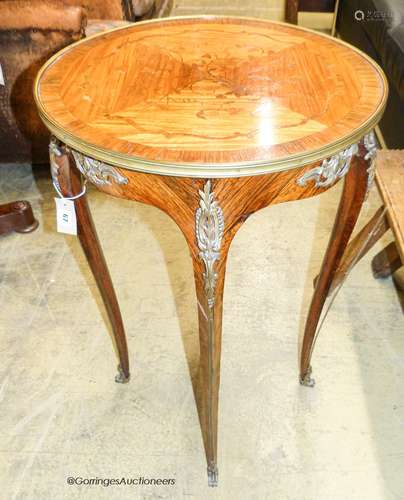 A Louis XVI style marquetry inlaid circular kingwood occasio...