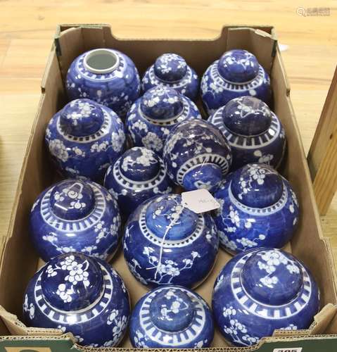 Fourteen Chinese blue and white 'prunus' jars, some with cov...