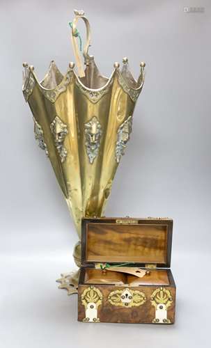 A Victorian brass mounted walnut tea caddy and a brass novel...