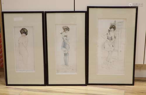 Three Continental coloured drypoint etchings, signed, circa ...